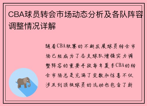CBA球员转会市场动态分析及各队阵容调整情况详解 CBA球员转会市场动态分析及各队阵容调整情况详解