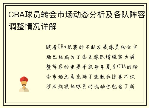 CBA球员转会市场动态分析及各队阵容调整情况详解